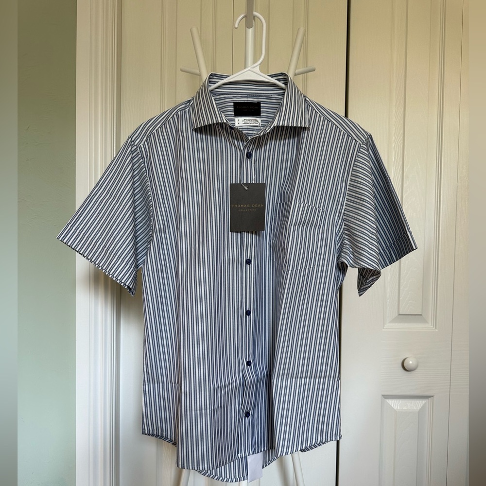 New Men’s T-shirt Thomas Dean collection white/Light blue lines Size S